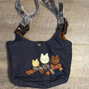 Charming Cat Design Denim Shoulder Bag